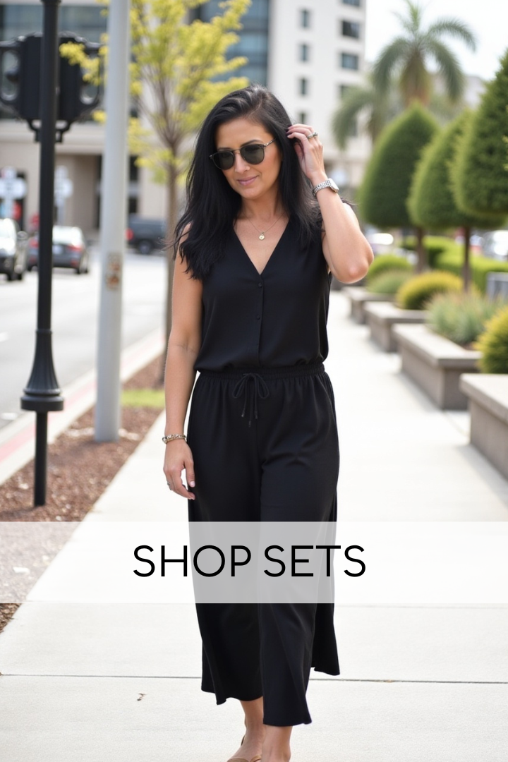 Model wearing a black top and black pants with "Shop Sets" text