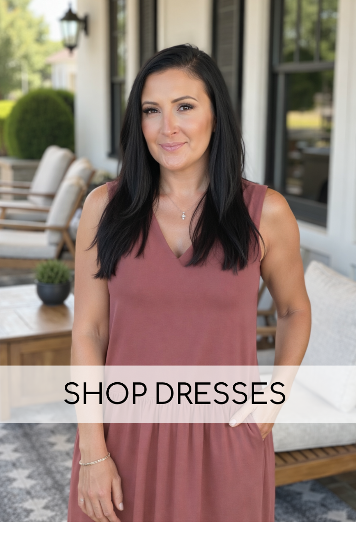 Model wearing a marsala colored sleeveless dress with "Shop Dresses" text