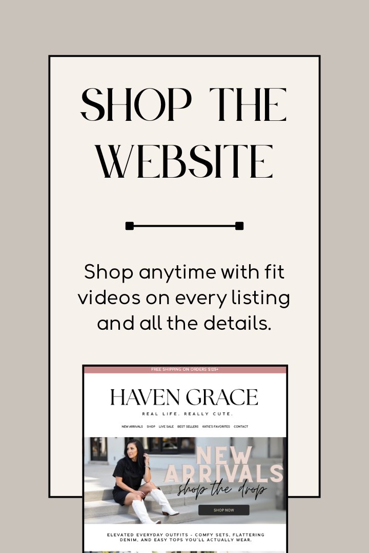 Promotional graphic for Haven Grace with text 'Shop the Website' on a beige background.
