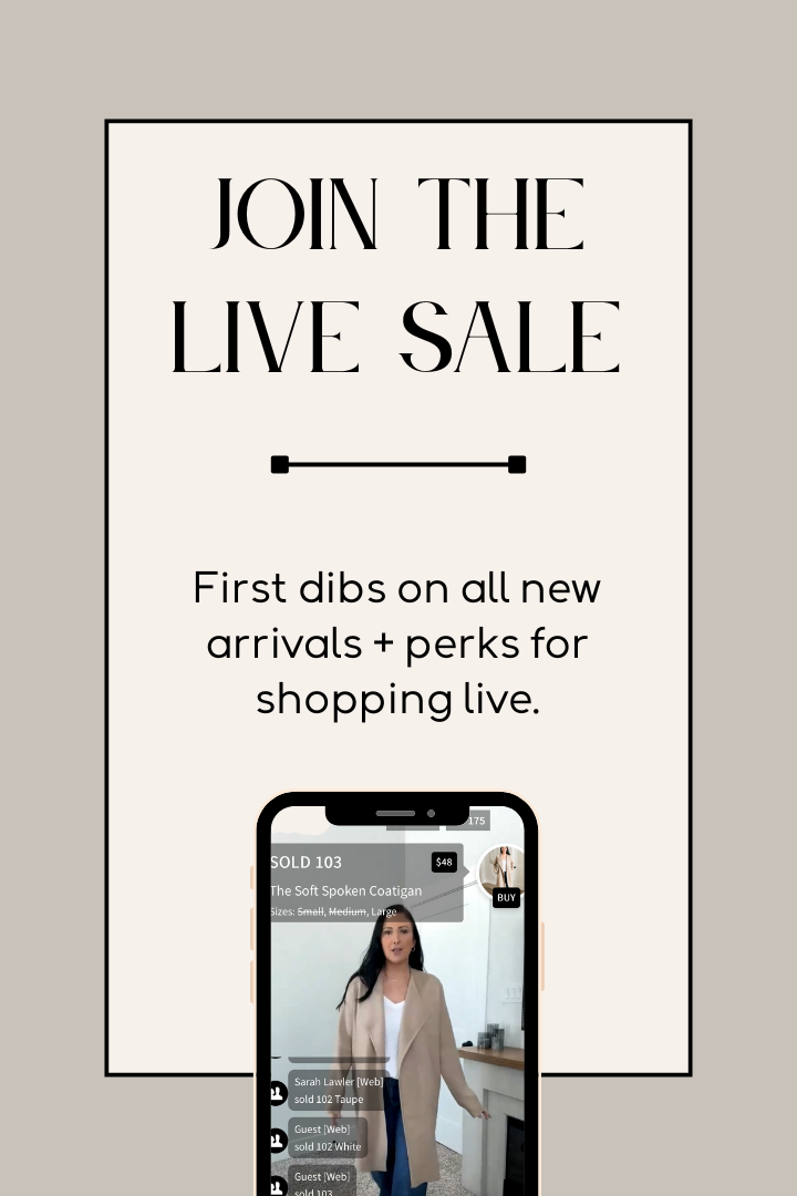 Advertisement for a live sale with text and a phone displaying a shopping app.